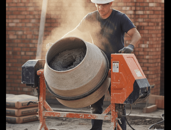 Mortar mixer operating during active construction work