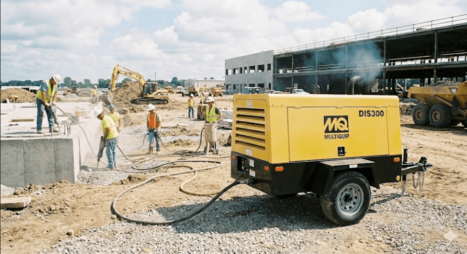 Industrial air compressor operating on a construction jobsite