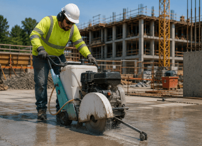 Self-propelled concrete saw cutting a slab on a construction site