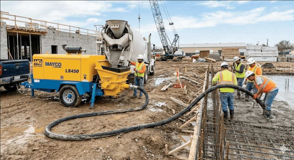 Concrete pump delivering material to an elevated construction form